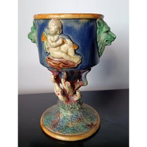Thomas Sergent (1830 - 1890) Barbotine In The Shape Of A Chalice On A Foot Relief Decoration Of A Cherub