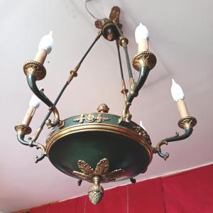 Six-light Chandelier, In Lacquered Sheet Metal And Bronze. First Half Of The 20th Century, Empire Style.