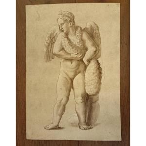 After Giulio Romano (1499 6 1546) “putto” Brown Ink, Brown Wash And Highlights With Gouache 