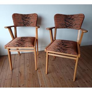 Pair Of Bridge Chairs In Natural Wood With Fabric Upholstery. 1960s