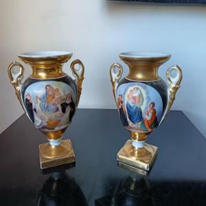 Pair Of Porcelain Of Paris Vases Decorated With Religious Scenes Italian Renaissance Style