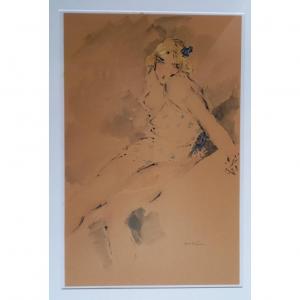 Abel Bertram "back-to-back Young Woman" Ink And Watercolor Wash