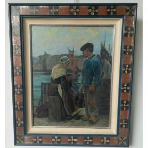 Breton School Mid-twentieth, Oil On Panel "couple On The Quay Of A Fishing Port"