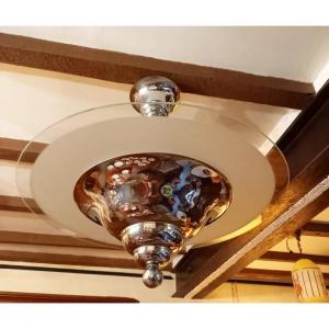Vintage Chandelier: Large Chrome Metal And Glass Suspension