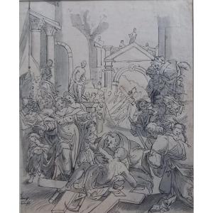 German School (?) "crossing Of Saint Dismas, The Good Thief". Ink And Charcoal XVII