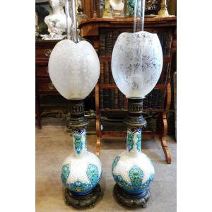 Pair Of Enamelled Ceramic Oil Lamp From Vieillard  In Bordeaux