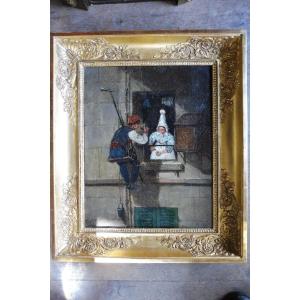 Oil On Canvas  Of The French School Around 1830 "the Chimney Sweep's Break"