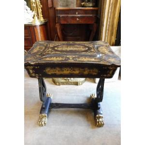Work Table In Black Lacquered Wood With Gold Decor In Chinese Taste, Victorian Period