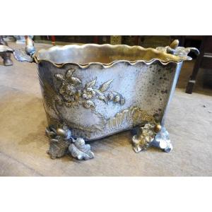 Planter In Silver And Gilt Bronze In The Shape Of A Leaf 19 Eme