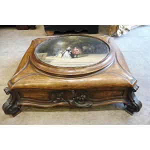 Game Box In Carved Oak, Decorated With A Painting, Interior In Mahogany, Rosewood