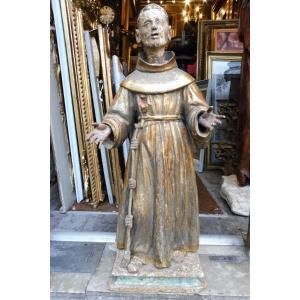 Important Sculpture Of Saint Francis, In Golden Wood, Italy 18th Century