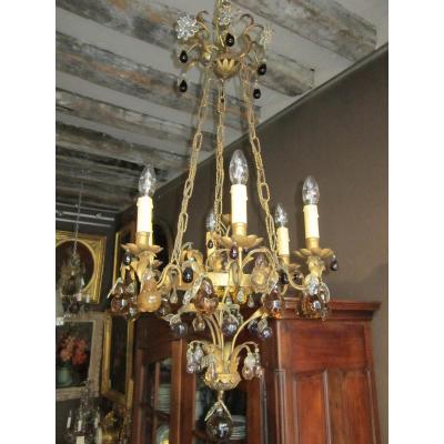 Gilded Tole And Fruit In Glass Chandelier 1900