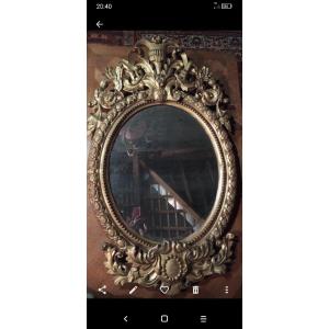 Important Oval Mirror In Gilded Wood 19th Century