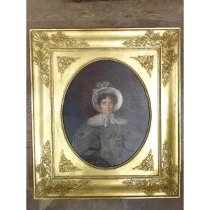 Oil On Canvas From The French School Around 1830 "portrait Of A Lady With A Hat"
