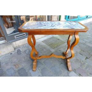 Walnut Table, Alpine Jasper Top, Switzerland 19th Century
