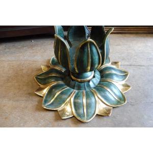 19th Century Bronze And Gold Lacquered Wood Lotus Flower Ceiling Light 