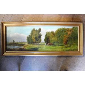 Oil On Canvas 19th Century "cows In The Pasture"