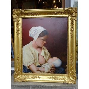 Oil On Cardboard 19th Century "maternity"