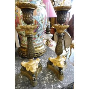 Pair Of Louis Philippe Patinated And Gilded Bronze Candlesticks 