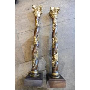 Pair Of Carved Wooden Tabernacle Columns, 17th Century