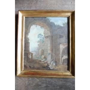 Gouache On Paper 18th Century "animated Ancient Ruins"