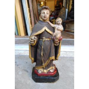 Polychrome Carved Wooden Statuette Representing Saint Antonio Of Padova