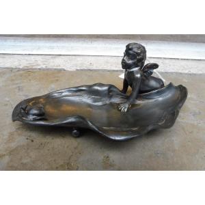 Art Nouveau Pewter Ashtray With Angel Decor