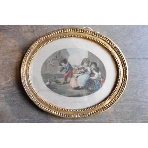 19th Century Oval Color Engraving "the Pigeons"