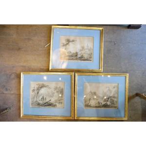 Set Of Three Drawings Signed Pillement And Dated 1805