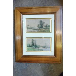 Two 19th Century Watercolors In A Pitch Pine Frame