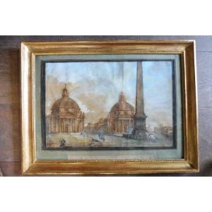 18th Century Gouache Signed Clérisseau Dated 1770 "view Of Rome"