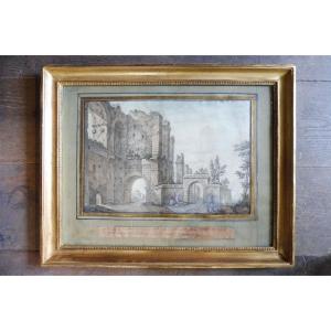 18th Century Gouache Signed Clérisseau Dated 1770 "view Of Rome"