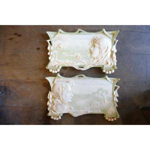 Pair Of Art Nouveau Barbotine Plaques Decorated With Female Profiles