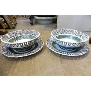 Pair Of Openwork Bowls And Their Display Stands In Varages Earthenware 