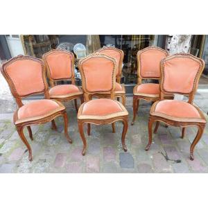 Set Of Six Louis XV Style Chairs In Carved Walnut