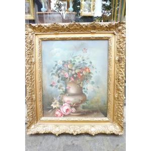 Oil On Canvas From The French School Circa 1880 "vase Of Flowers On An Entablature"