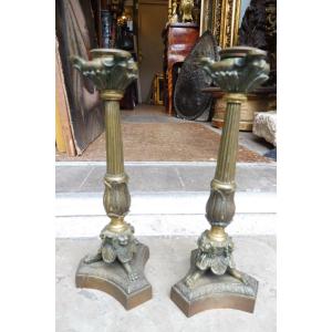 Pair Of Bronze Candlesticks, Early 19th Century