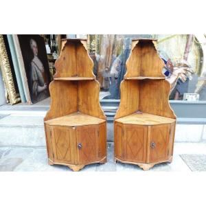Pair Of 18th Century Wall Corner Cabinets In Natural Wood