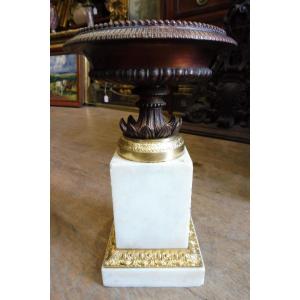 Flat Bronze Urn, Marble Base, 19th Century