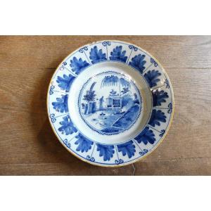 18th Century Delft Earthenware Plate With Blue Monochrome Decoration