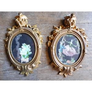 Pair Of Penknives Presented In 19th Century Gilt Bronze Frames