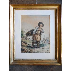 19th Century Watercolor "the Peddler"