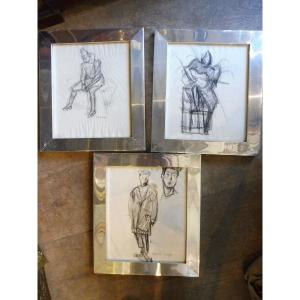 Set Of Three Charcoal Drawings Depicting Clowns In Frames 70