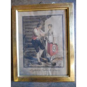19th Century Swiss Watercolor "swiss Peasants"