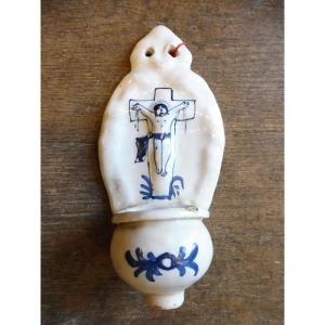 18th Century Rouen Earthenware Holy Water Font