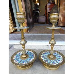 Pair Of 19th Century Brass And Cloisonné Enamel Candlesticks 