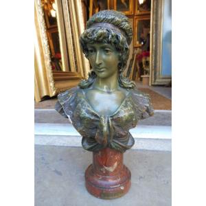 Polychrome Terracotta Sculpture Signed Schumacher 1899 "bust Of A Woman" 
