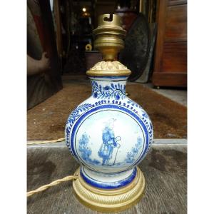 Delft Earthenware Lamp Base, Gilt Bronze Mount.
