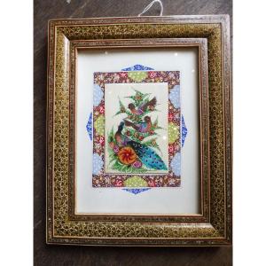 Persian Miniature In Its Marquetry Frame 1900