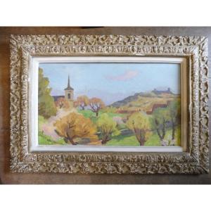 Oil On Cardboard Signed Frédéric Deshayes "landscape Of Asquin"